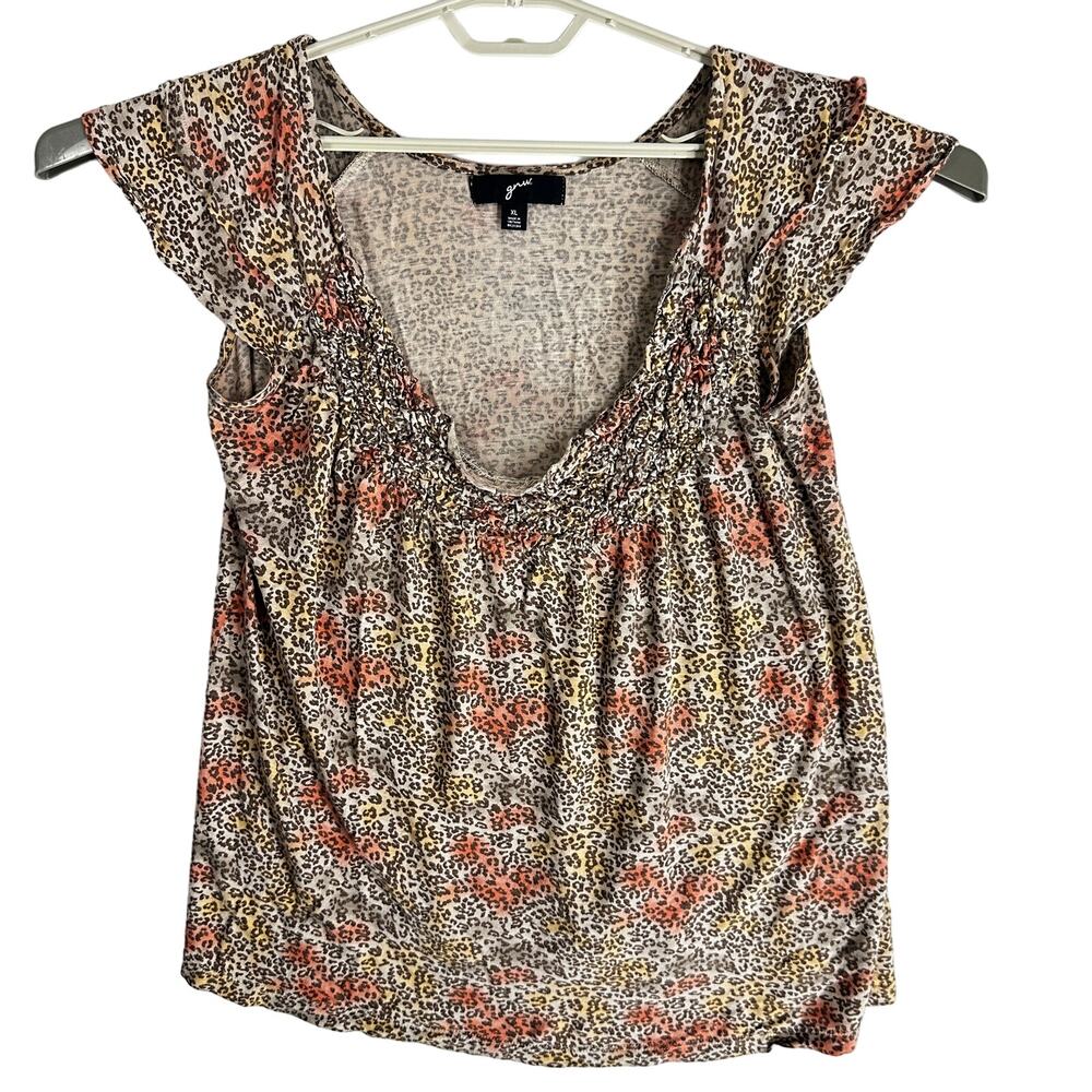 GNW Boho Blouse Womens XL Brown Beige Leopard Print Short Sleeve Lightweight